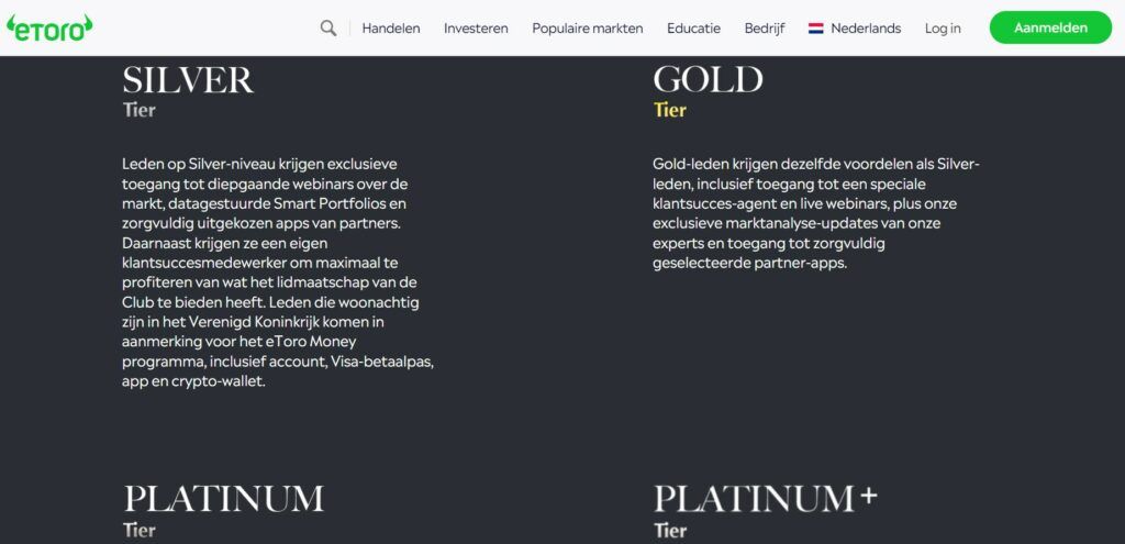 De niveaus van het eToro Club programma