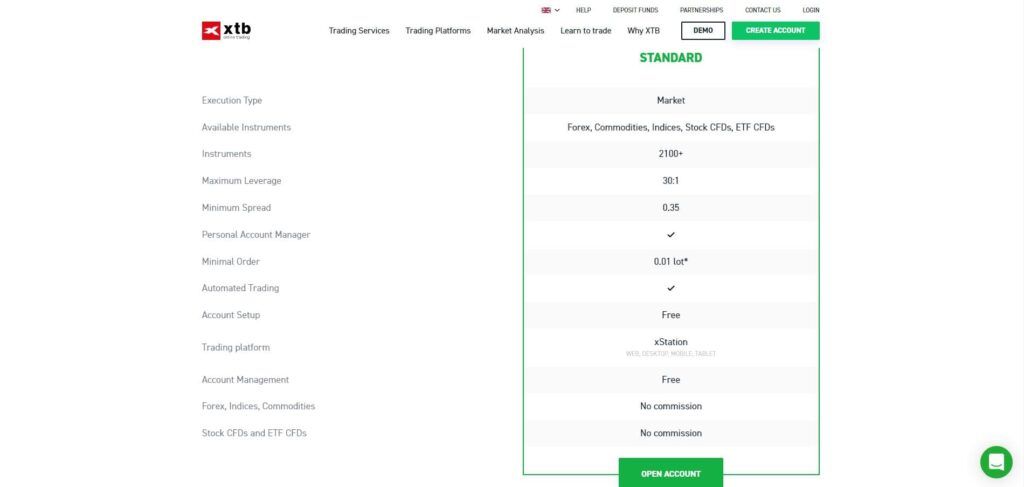pagina met xtb-accountkenmerken