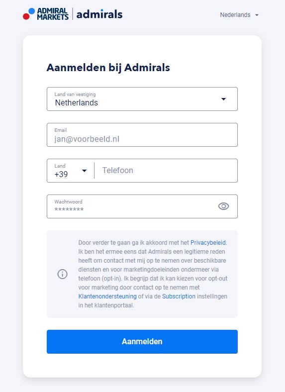 aanmelden bij admiraal pagina