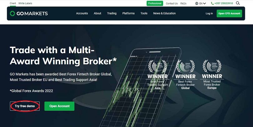 De homepage van de GO Markets website