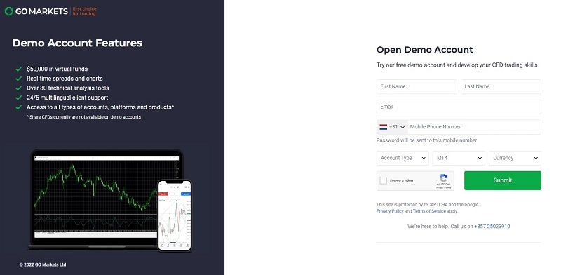 Het registratieformulier om uw GO Markets demo rekening te openen