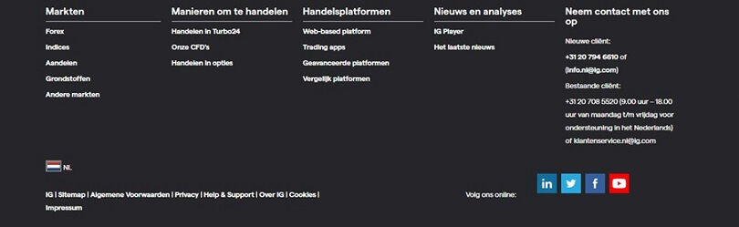 De footer van de IG Markets-site van waaruit u de regio kunt wijzigen