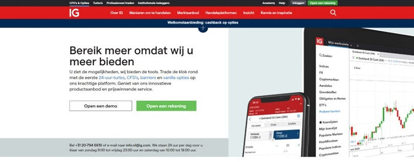 De homepage van de IG Markets website