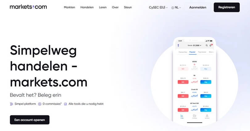 De homepage van de Markets.com website