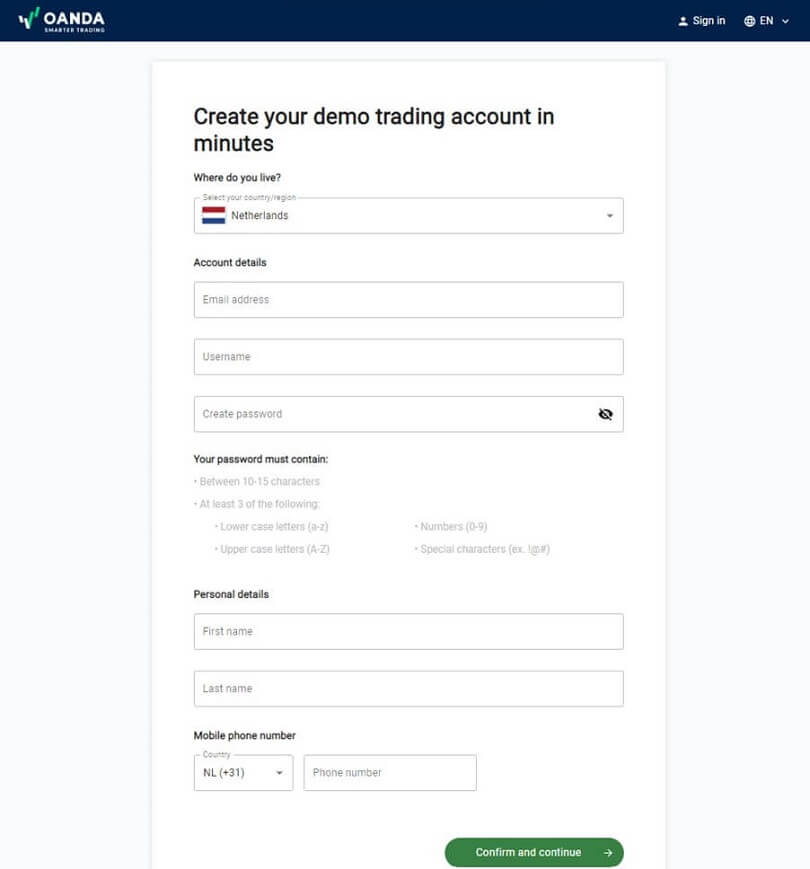 Het registratieformulier om uw Oanda demo rekening te openen