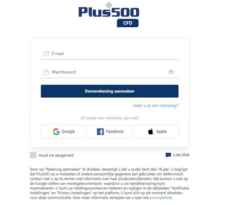 Het registratieformulier om uw Plus500 demo rekening te openen
