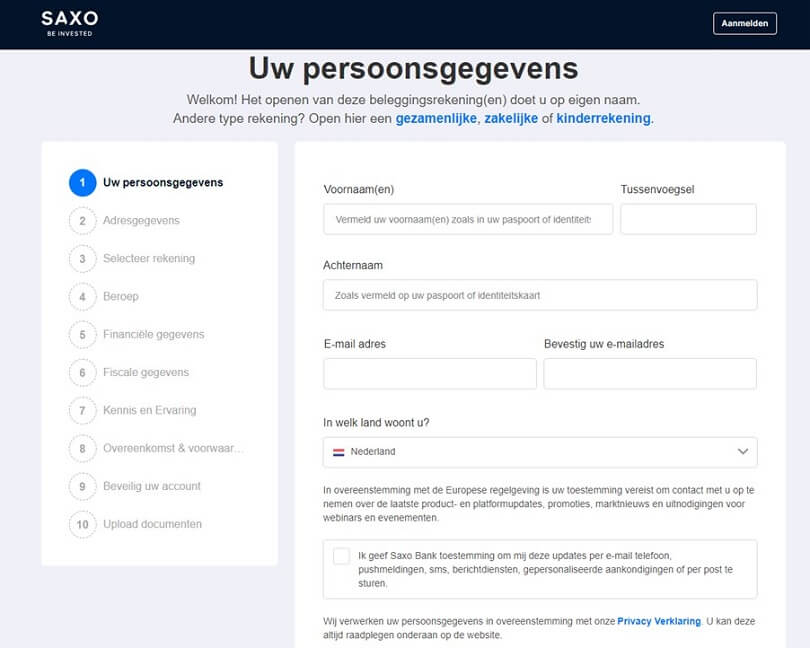 Het registratieformulier om uw Saxo demo rekening te openen