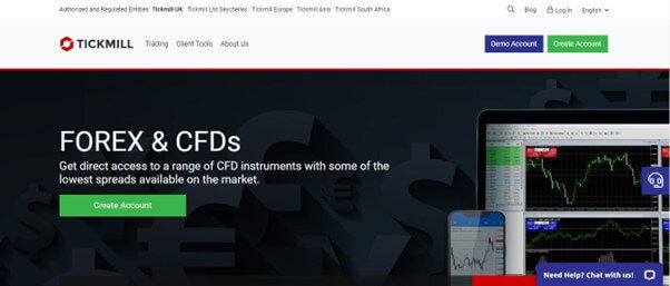 De homepage van de Tickmill website