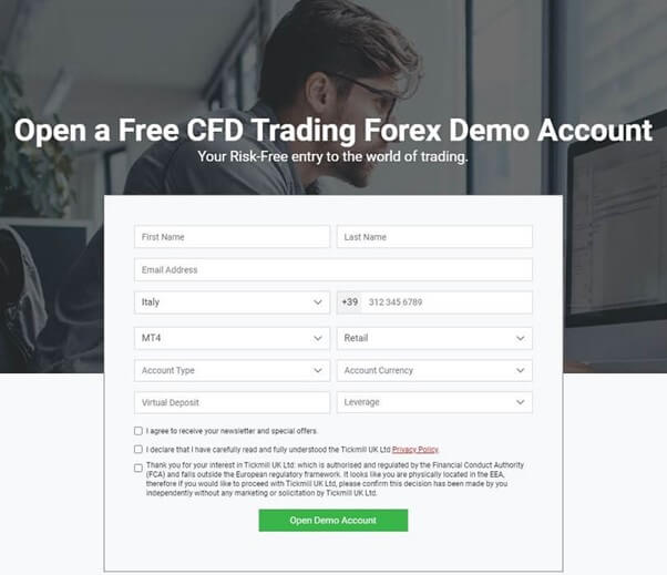 Het registratieformulier om uw Tickmill demo rekening te openen