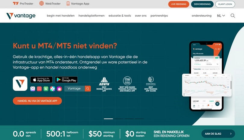 De homepage van de Vantage website