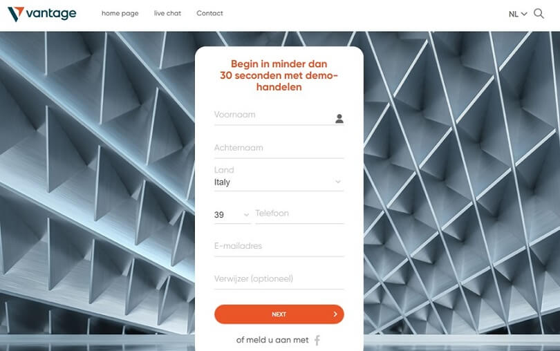 Het registratieformulier om uw Vantage demo rekening te openen
