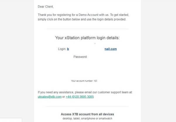 De e-mail die u ontvangt om uw XTB-demorekening te bevestigen