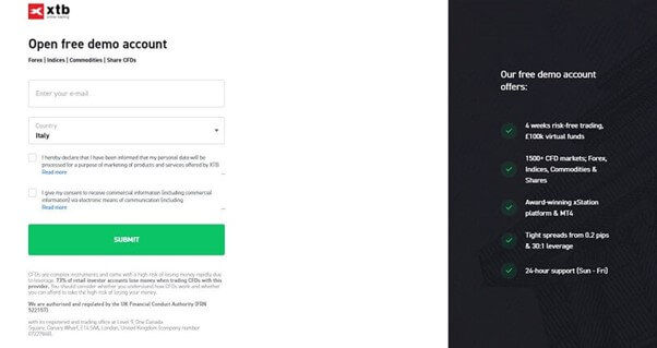 Het registratieformulier om uw XTB demo rekening te openen