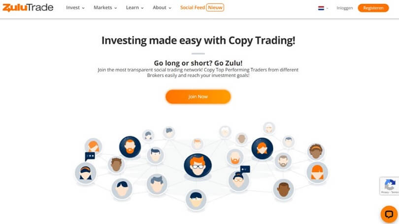 De homepage van de ZuluTrade website