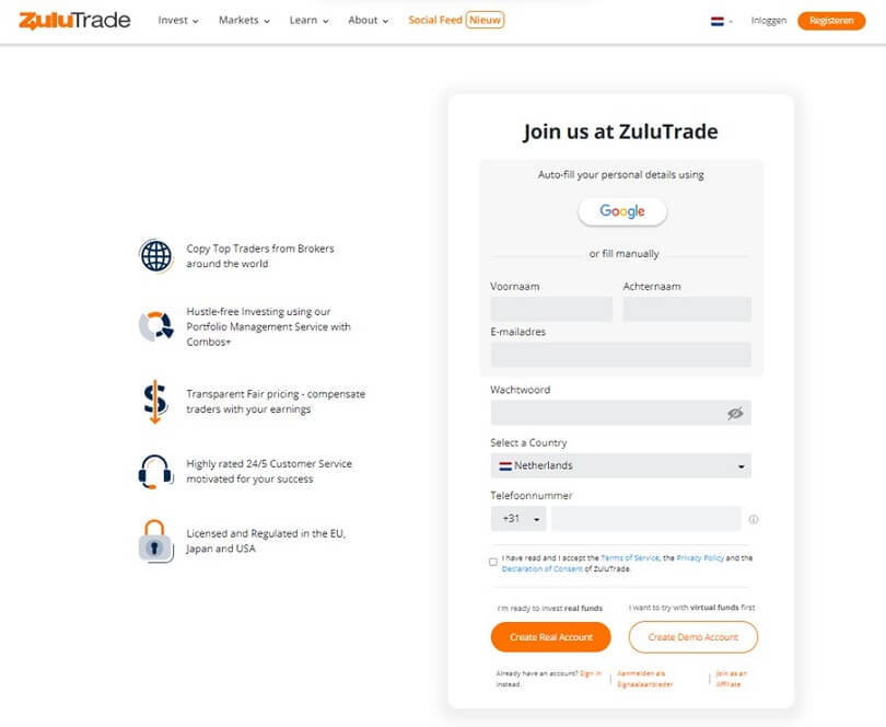 Het registratieformulier om uw ZuluTrade demo rekening te openen